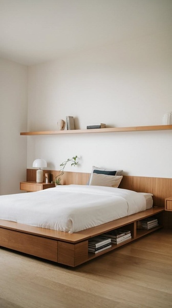 platform bed, wooden bed frame, low profile bed, bedroom furniture, modern bed frame, brand awareness, minimalist, lifestyle, calm, neutral